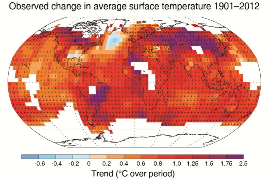 Opwarming oppervlakte van de planeet tussen 1901 - 2012 (IPCC, 5th assessment report, via Stephen Shankland)